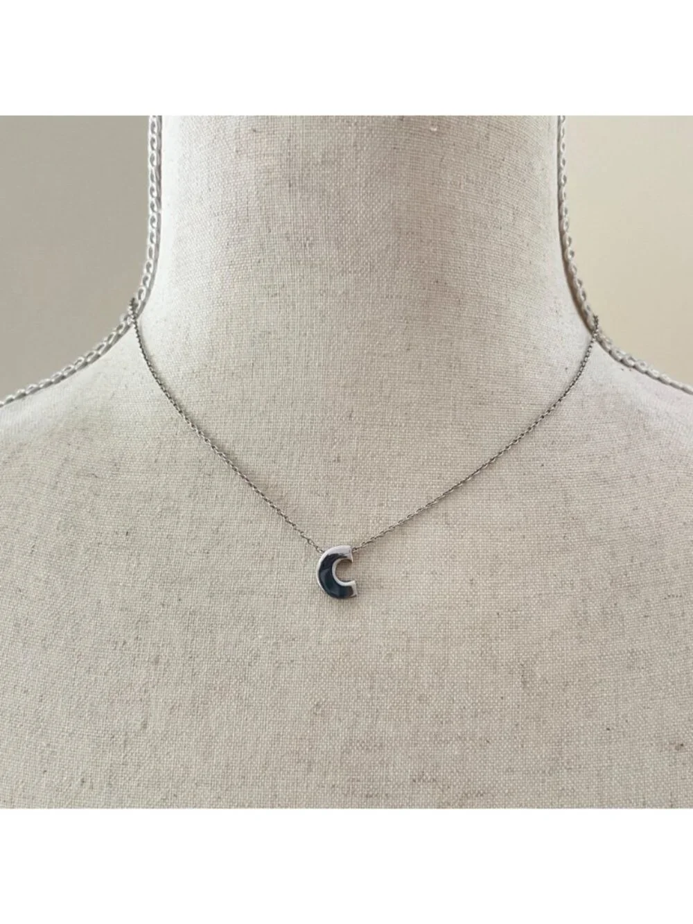 Vintage Trifari Letter C Initial Necklace, Silver Tone Minimalist 15